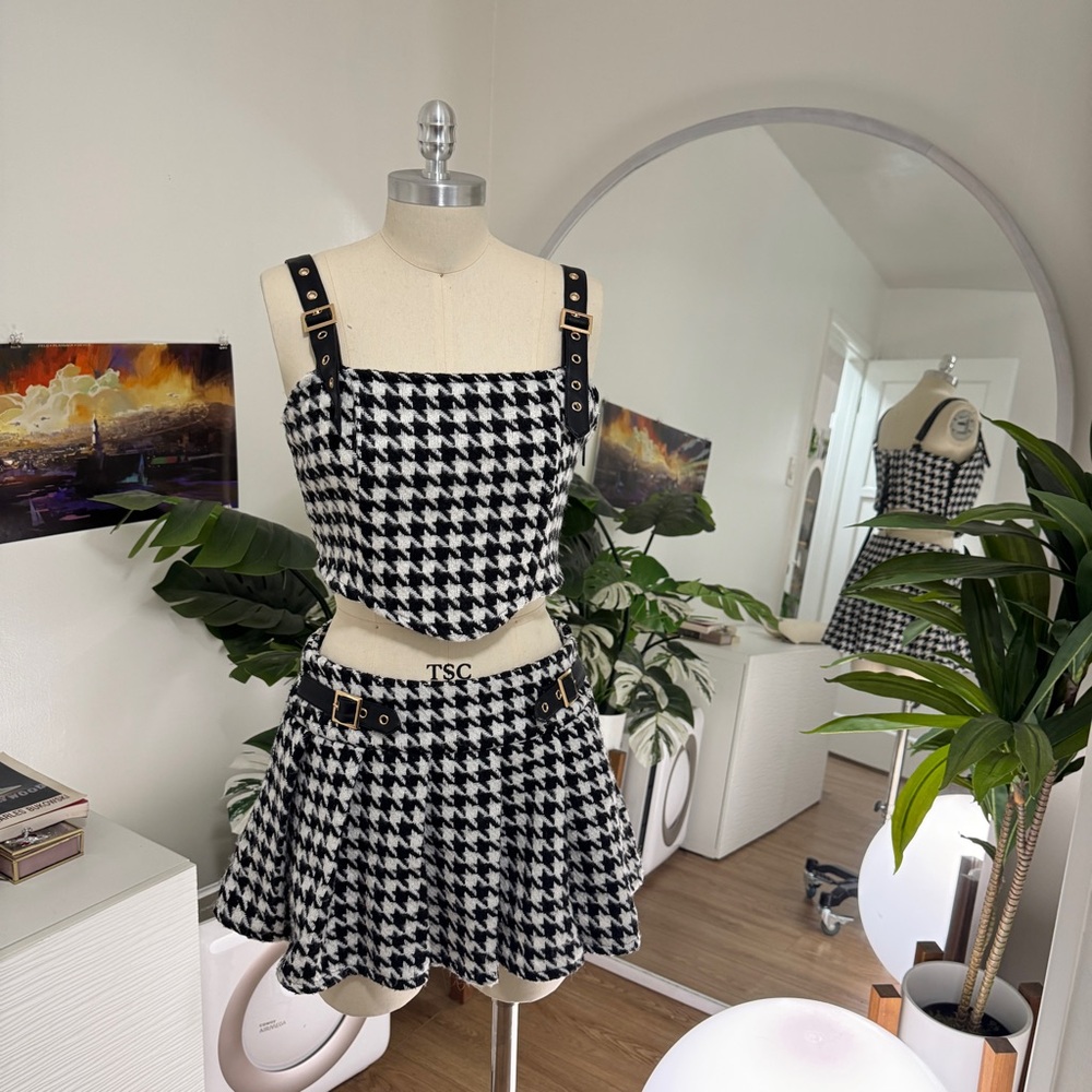 DOLLS KILL SUGAR THRILLZ Houndstooth Tweed Corset top and Skirt Set